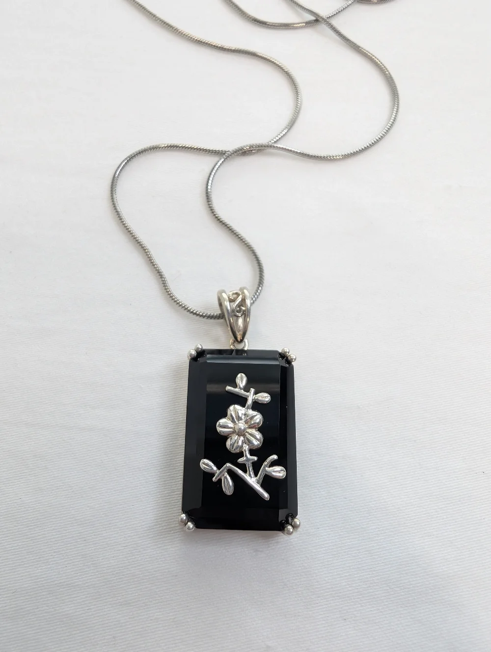 VTG 925 Sterling Silver Black Onyx Flower Pendant Rectangle Necklace Fine Jewelr